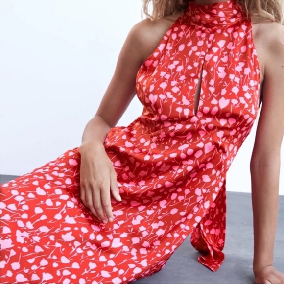 NWT Zara Halter Midi Dress Red Pink Floral Tie Neck Size small, wedding party - Picture 2 of 8